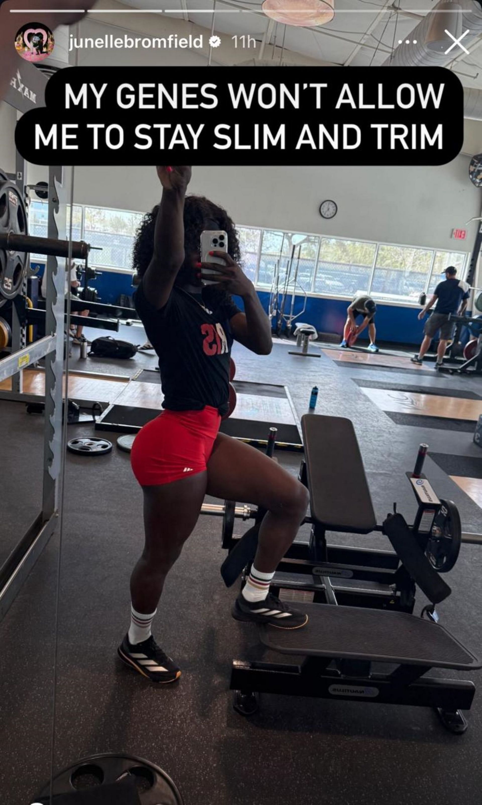 Junelle Bromfield shows off her gym fit with a quipped caption; Instagram - @junellebromfield