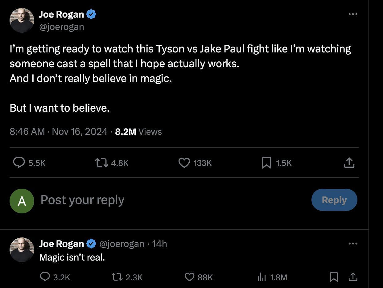 Joe Rogan&#039;s reaction to  Jake Paul vs. Mike Tyson boxing match. (Image via @joerogan/X)