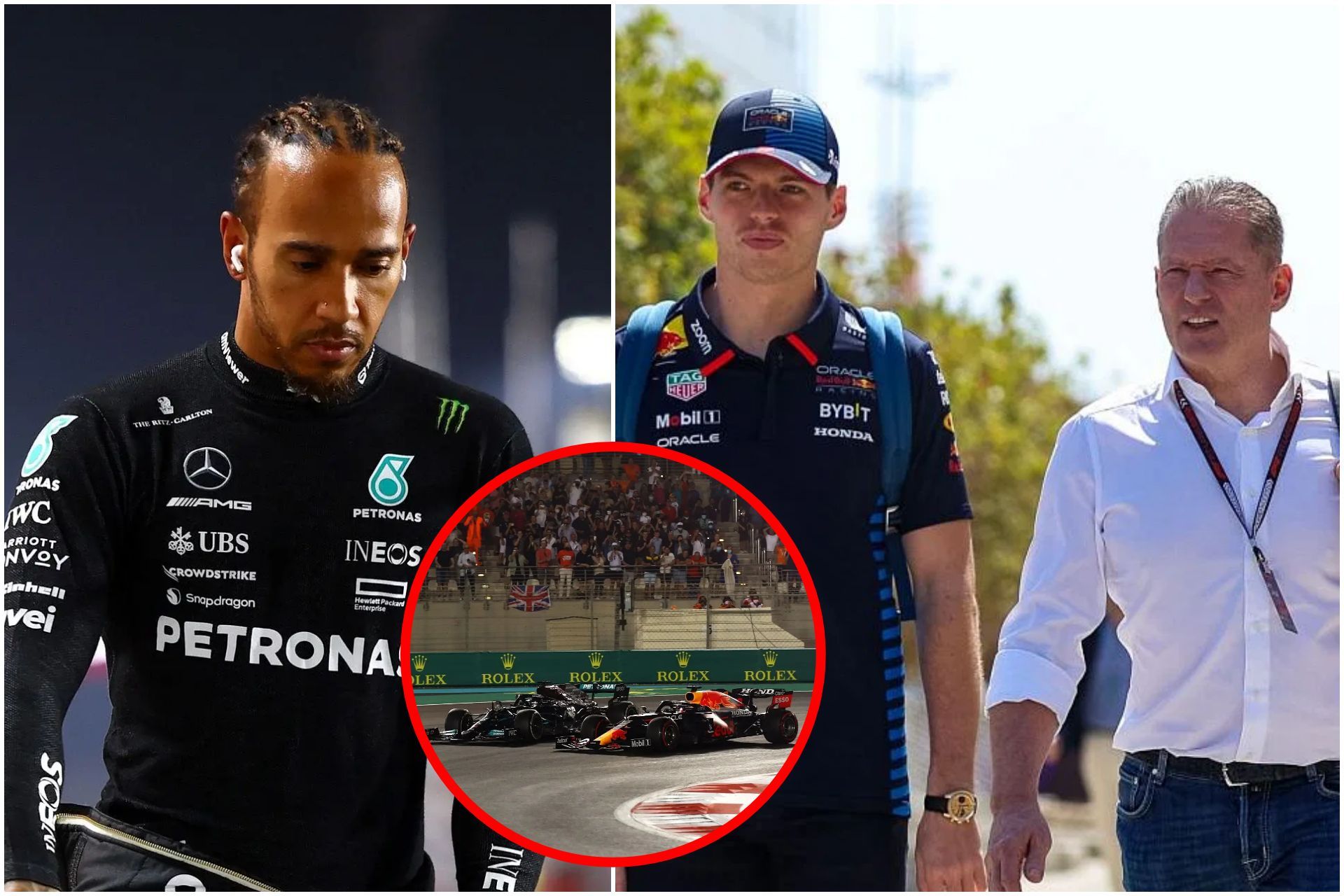 Lewis Hamilton (L), Max Verstappen (C) and Jos Verstappen (R) (Images via Getty)