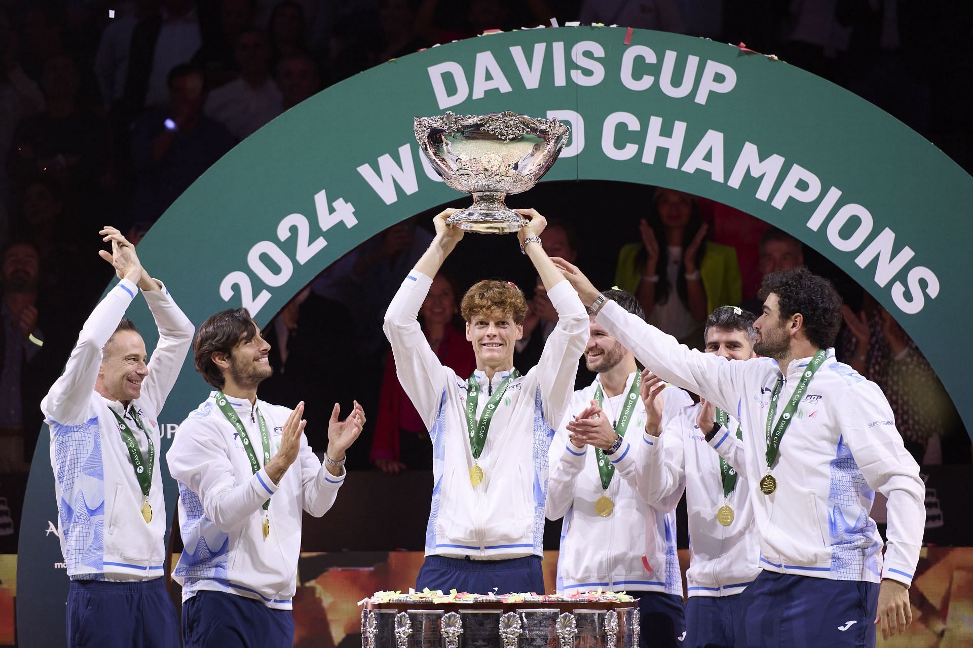 Jannik Sinner pictured with Lorenzo Musetti (second from left), Matteo Berrettini (extreme right), and others at the 2024 Davis Cup Finals - Source: Getty