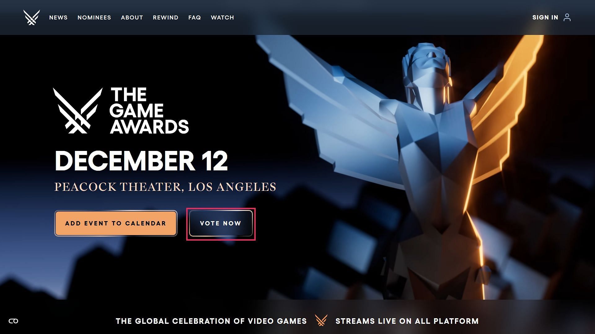 Click on &quot;Vote Now&quot; (Image via The Game Awards)