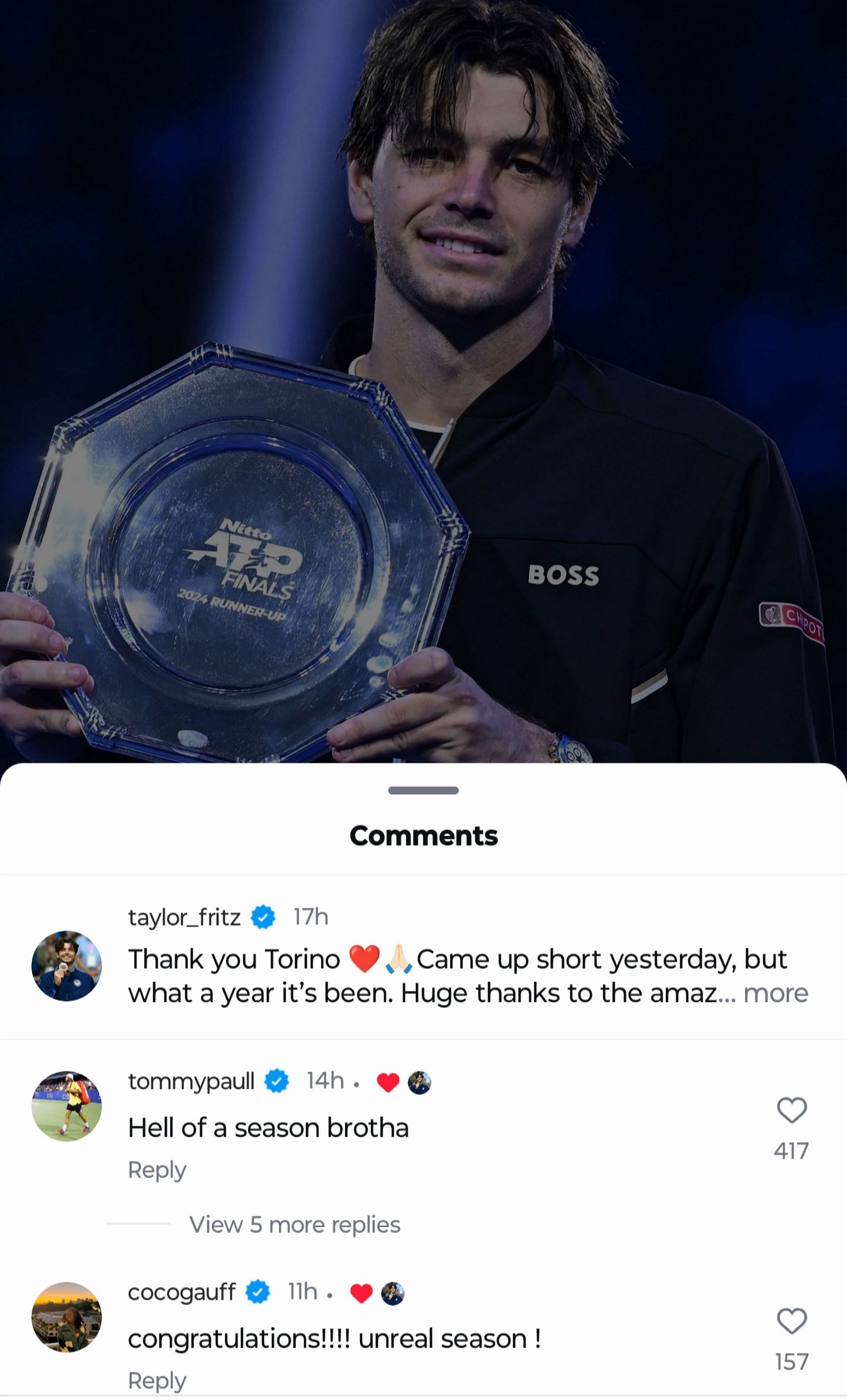 Screen grab of players&#039; reactions to Taylor Fritz&#039;s post