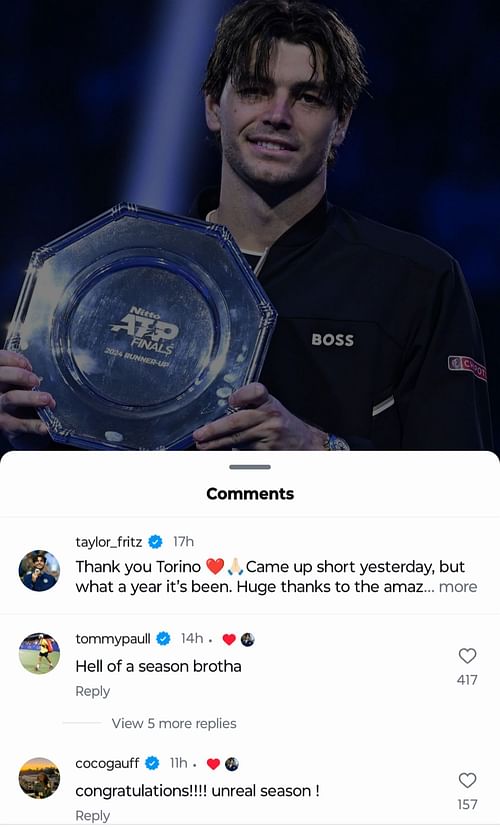 Screen grab of players' reactions to Taylor Fritz's post