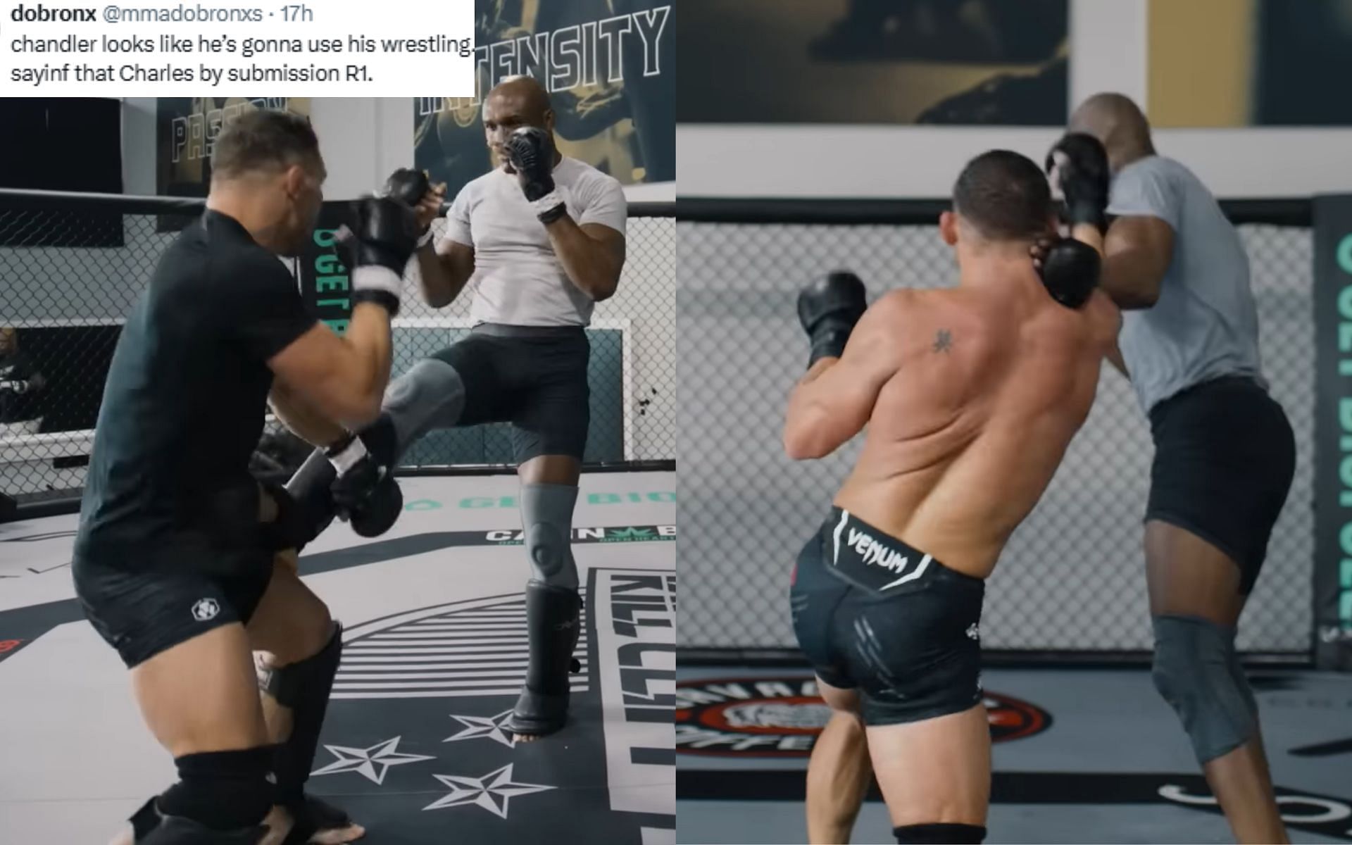 Michael Chandler (far left and middle right) training with Kamaru Usman (middle left and far right) causes speculation among fans about his gameplan [Images courtesy: @ufc on YouTube]