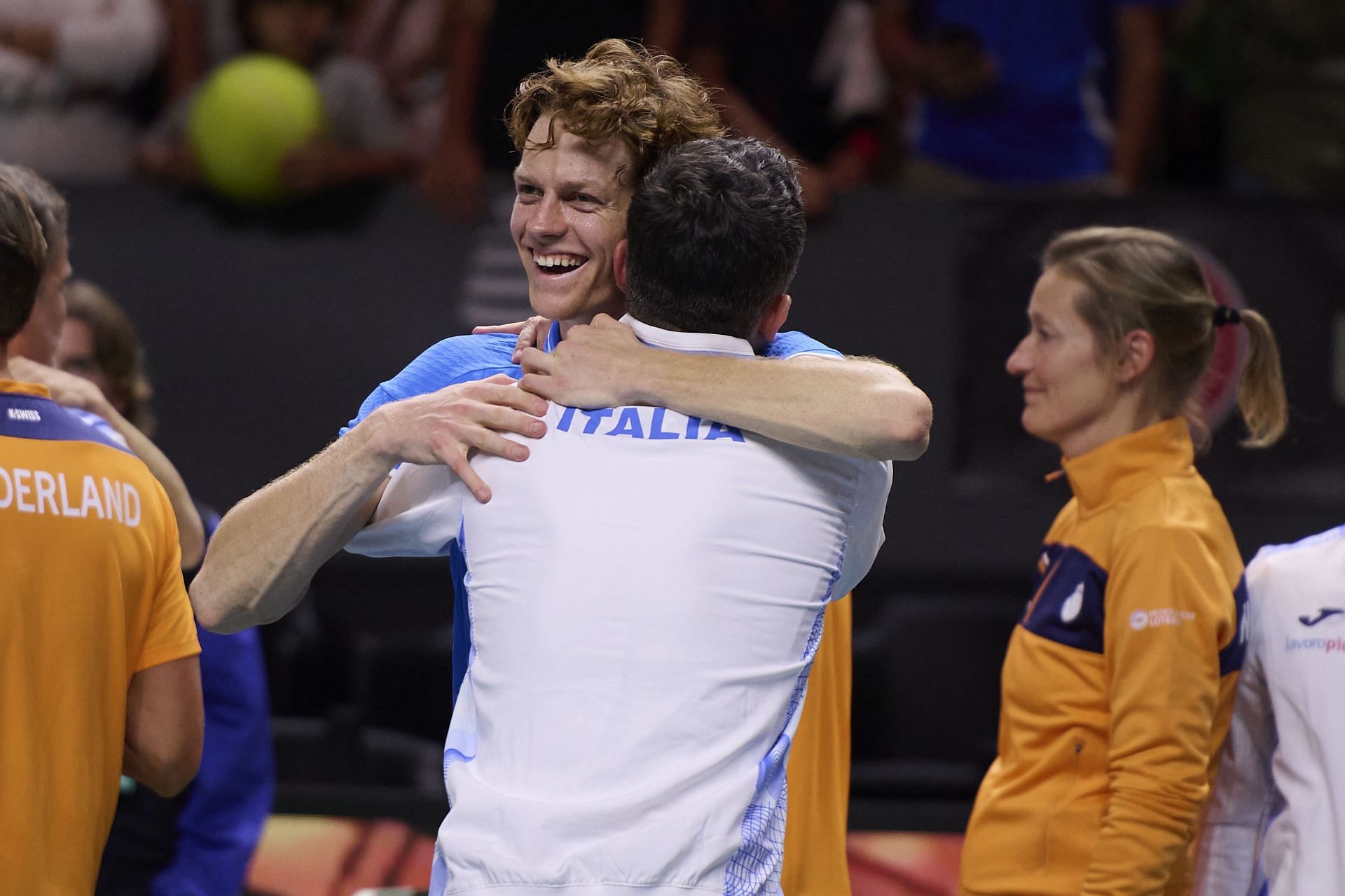 Jannik Sinner celebrates with his teammate at the 2024 Davis Cup Finals (Source: Getty)