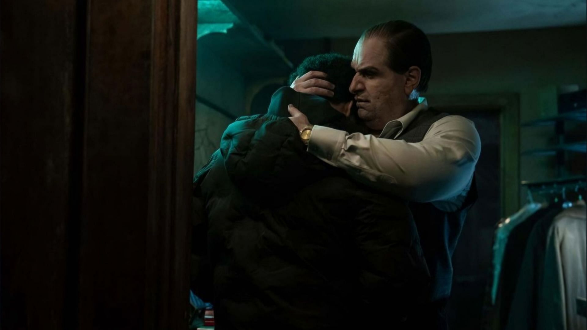 Oswald Cobb hugging Victor in a still from The Penguin (via @thebatman / Instagram)