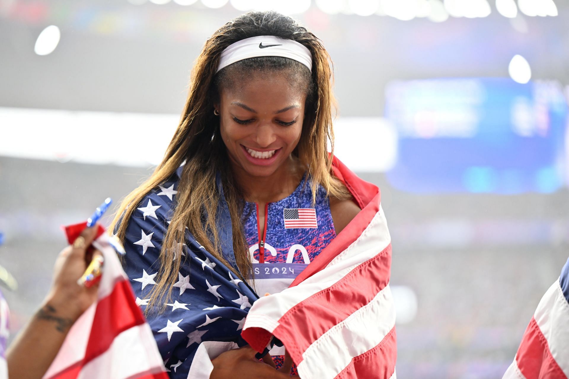 Thomas at the Stade de France after winning the 4x100m relay finals (Image via: Getty Images)