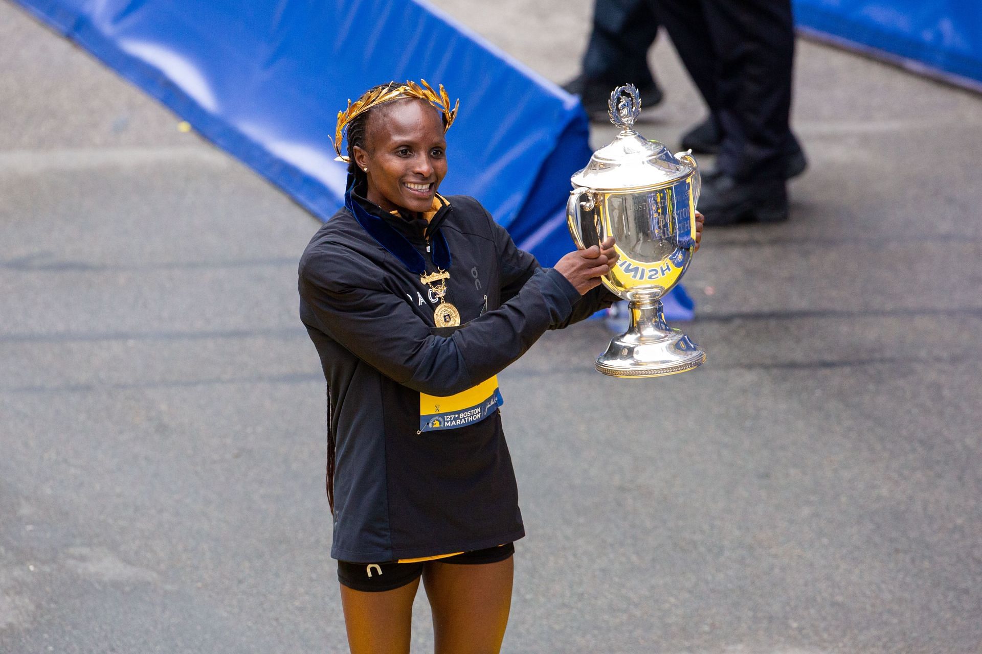 Obiri after winning the 2023 Boston Marathon (Image via: Getty Images)