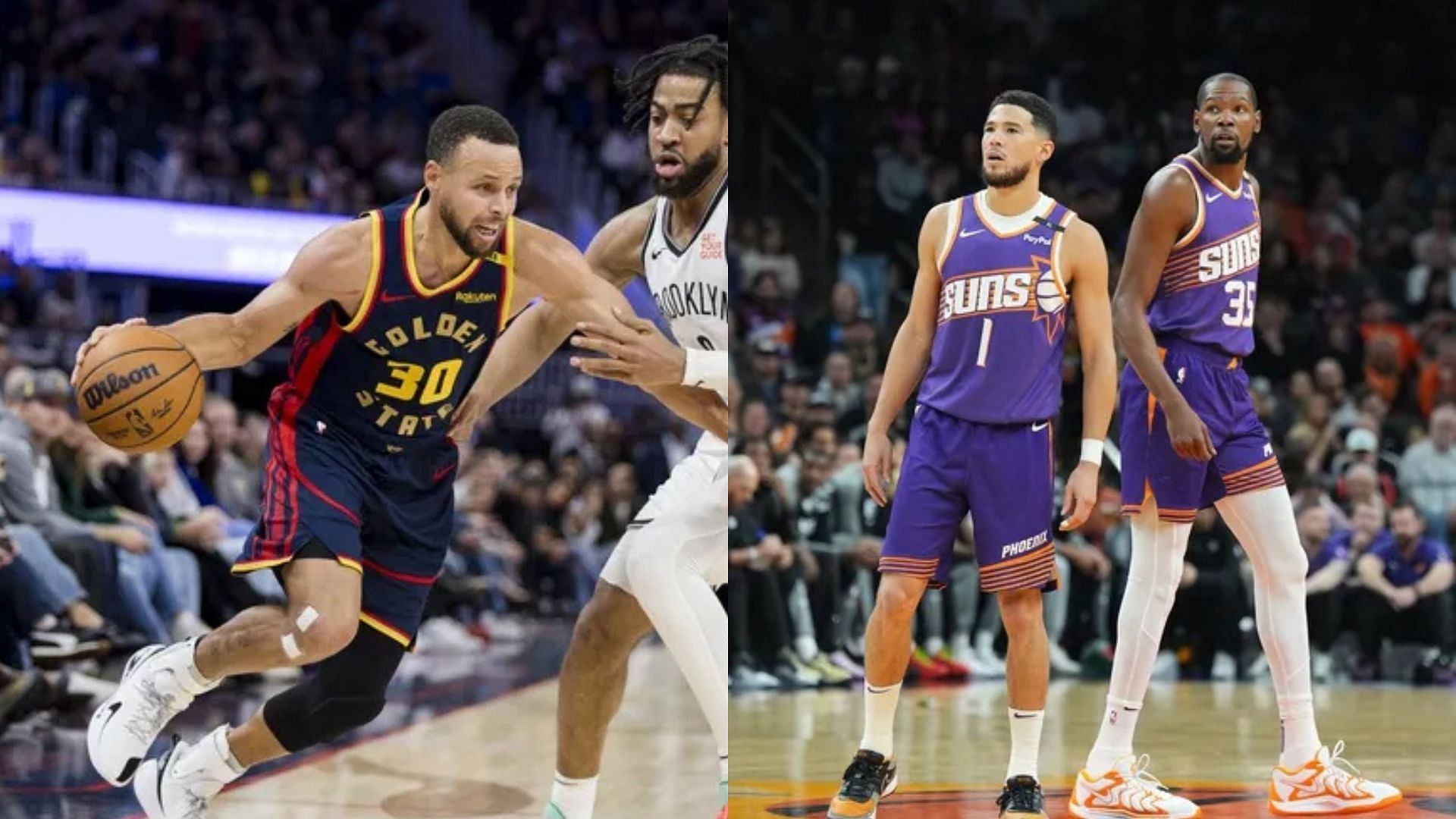 Guard Stephen Curry of the Golden State Warriors, Kevin Durant and Devin Booker of the Phoenix Suns. Photo Credits: Imagn