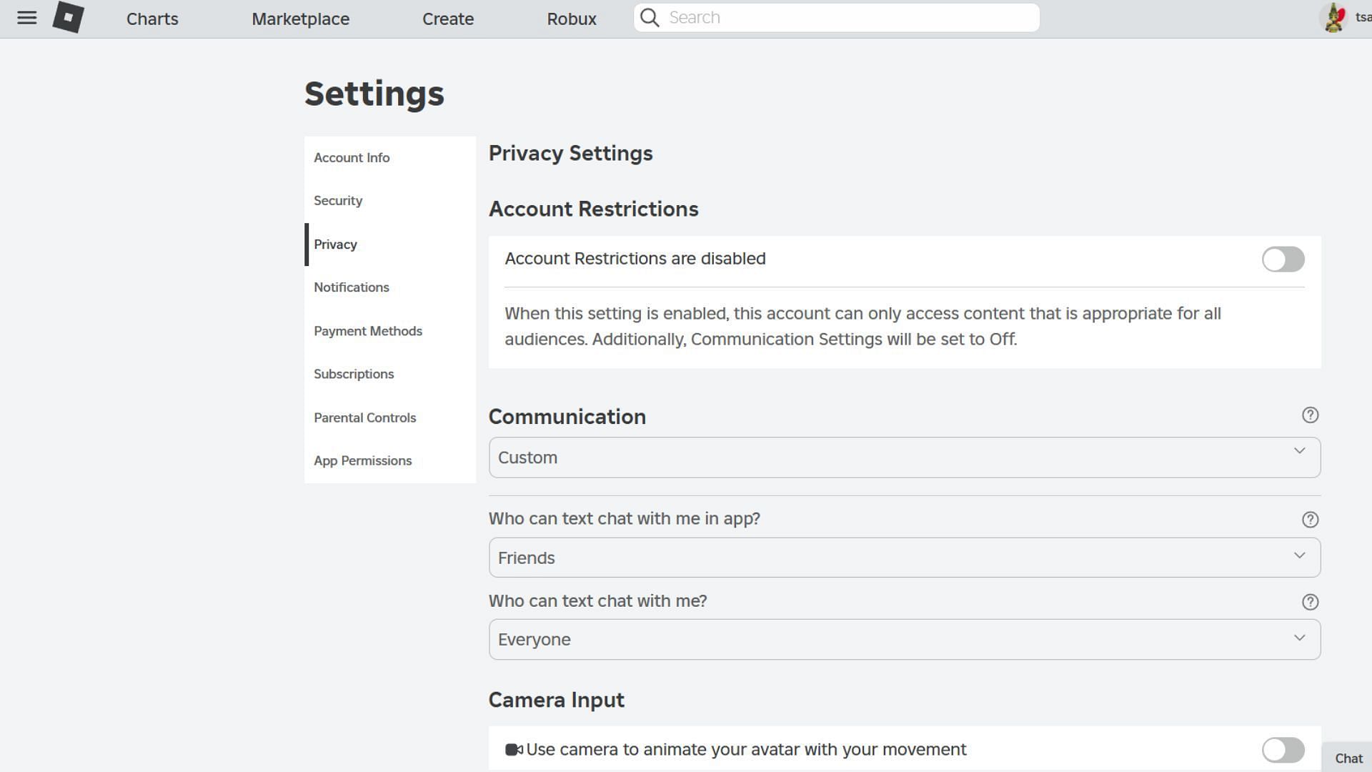 Enable Account Restrictions to filter who can contact kids through chat (Image via Roblox)