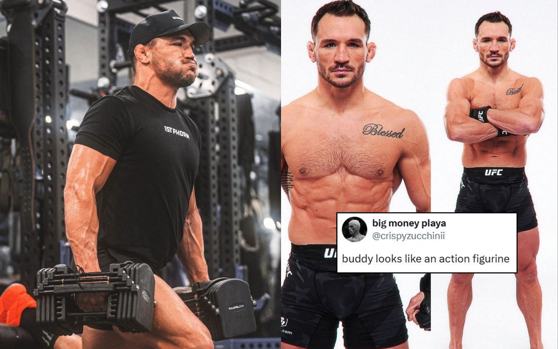 Fans react (insert) to the new physique (right) of Michael Chandler (left) ahead of UFC 309. [Image credit: @ChampsRDS on X, @mikechandlermma on Instagram]