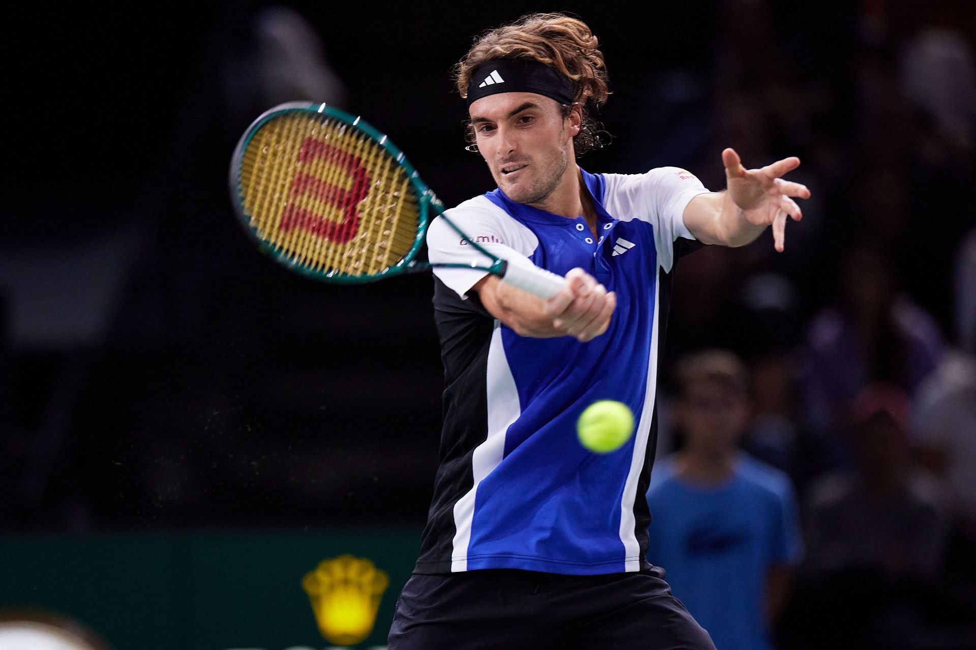 Stefanos Tsitsipas plays a forehand in the Rolex Paris Masters 2024 - Source: Getty