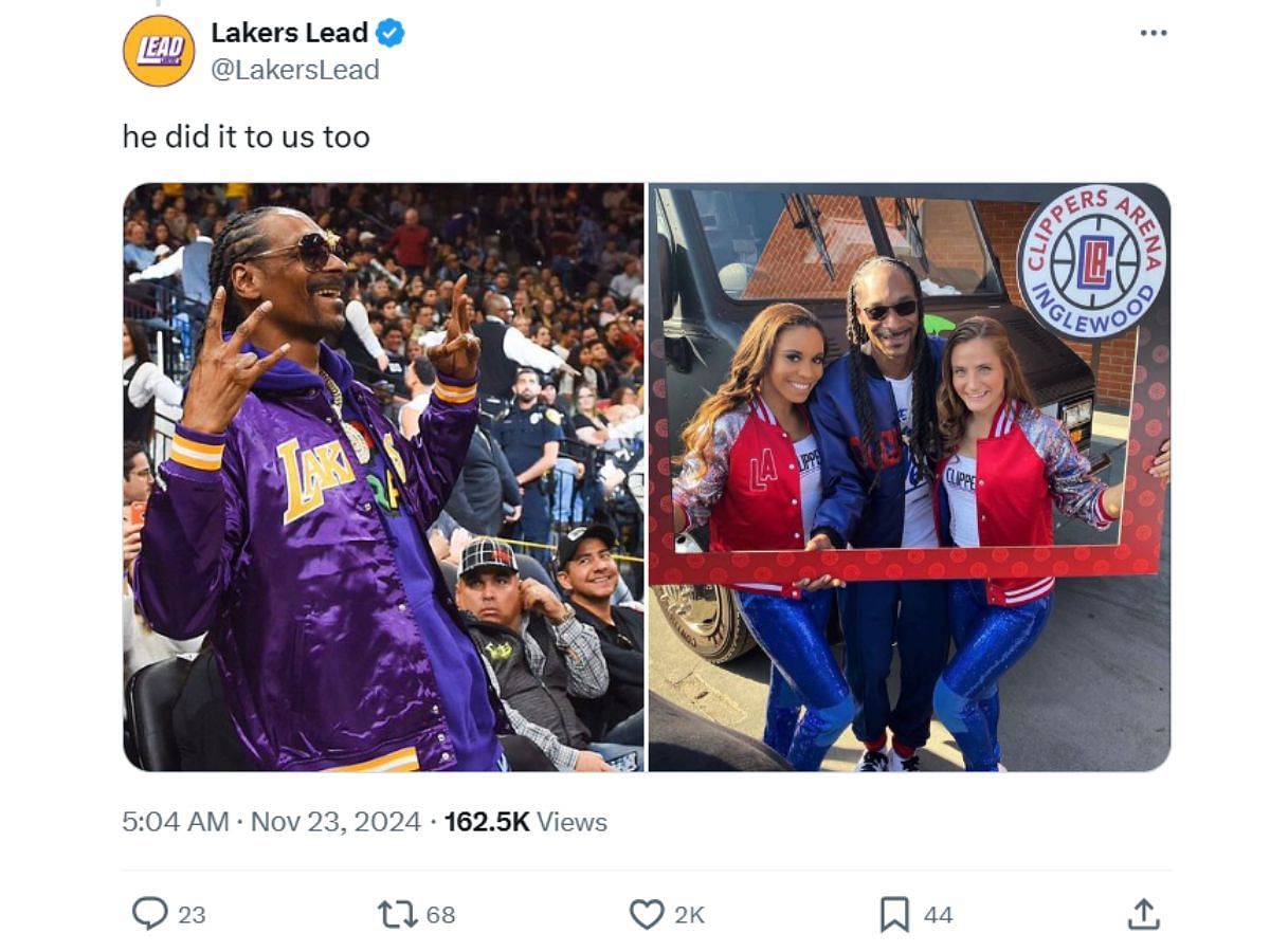 NBA team Lakers posted a meme of Snoop Dogg switching sides to the LA Clippers (Image via X/@LakersLead)