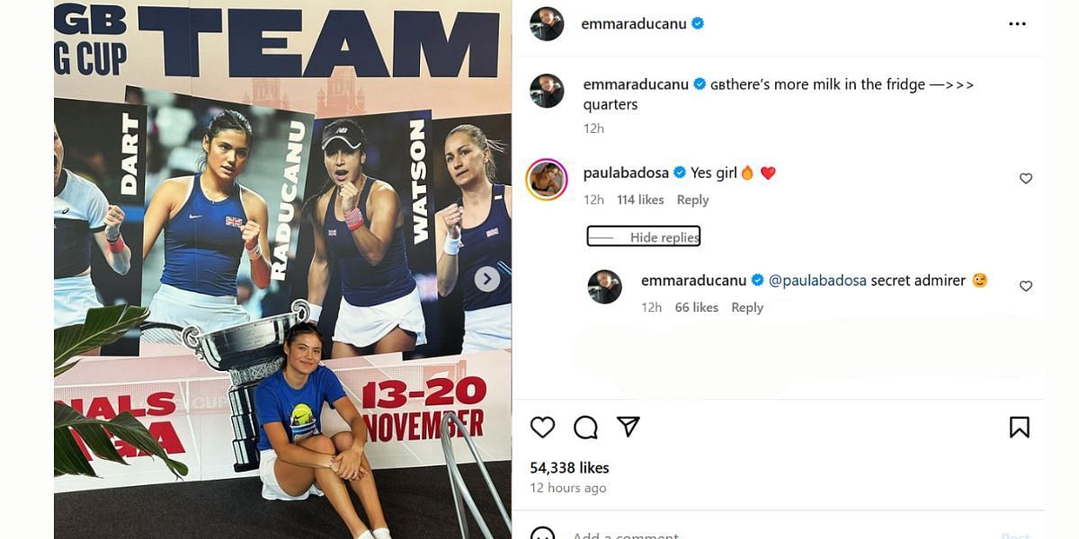 Paula Badosa&#039;s comment on Emma Raducanu&#039;s post (Image: Instagram @emmaraducanu)