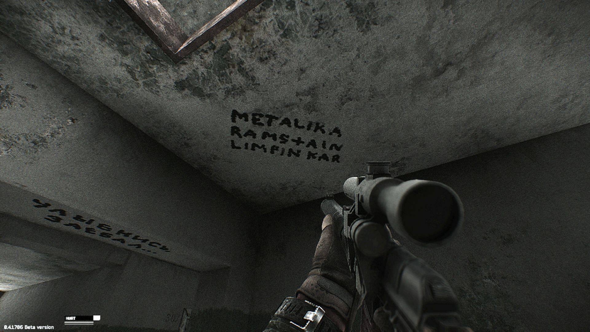 The band name graffiti on the ceiling (Image via Battlestate Games)