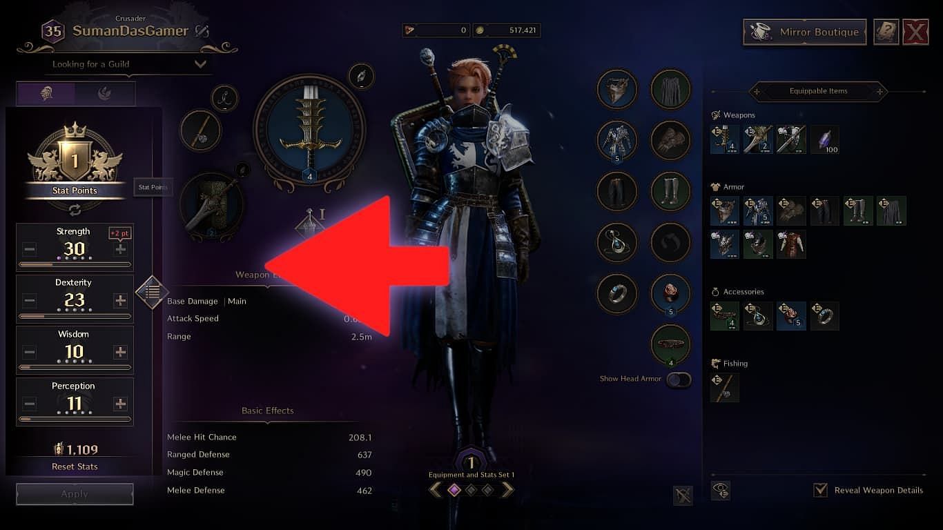 Throne and Liberty&#039;s stat point can be viewed on the character info menu (Image via NCSoft)