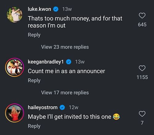 Luke Kwo, Keegan Bradley, and Hailey Rae Strom's comments (Image Source: Barstool Sports' Instagram/@barstoolsports)