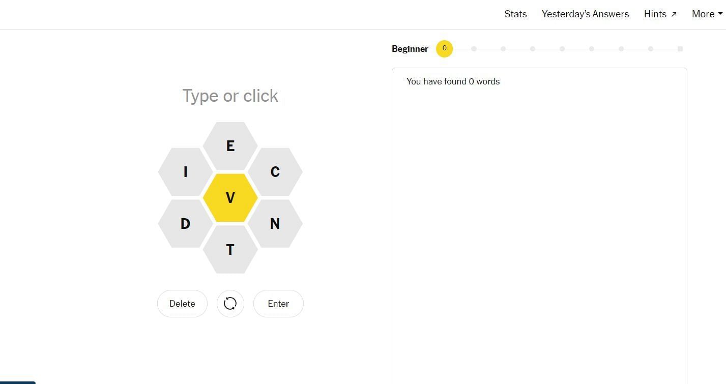 NYT Spelling Bee (Source: https://www.nytimes.com/puzzles/spelling-bee)