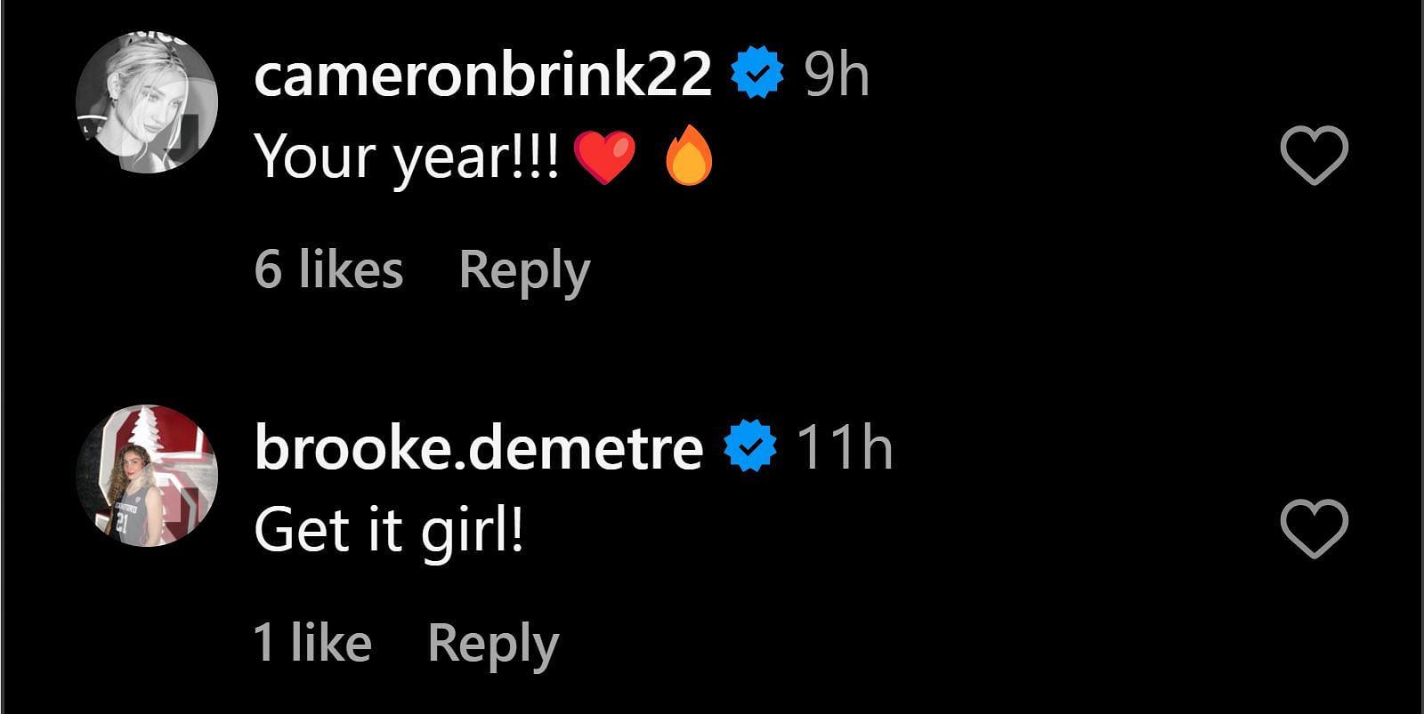 Brooke Demetre and Cameron Brink commented on KiKi's IG post