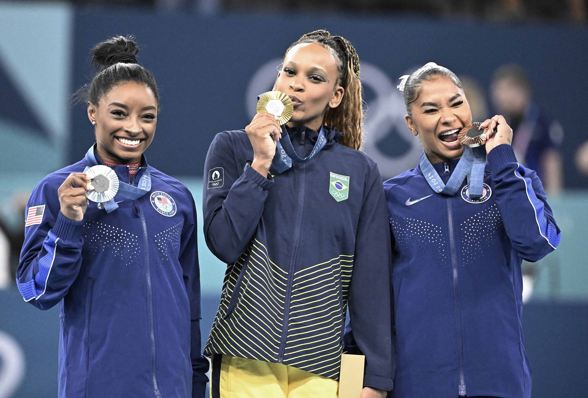 Rebeca Andrade posing with Simone Biles and Jordan Chiles at the victory ceremony of the women&#039;s floor exercise finals at the Paris Olympics 2024 [Image Source : Getty[