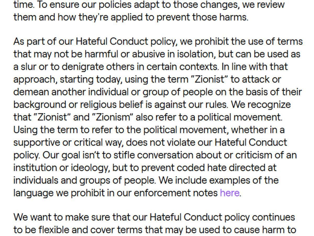 Update on the use of &quot;Zionist&quot; on the platform (Image via Twitch)