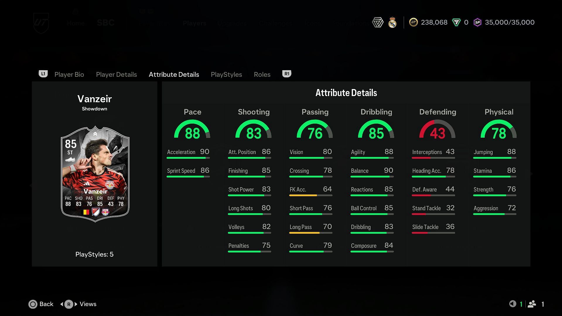 Dante Vanzeir card attributes (Image via EA Sports)