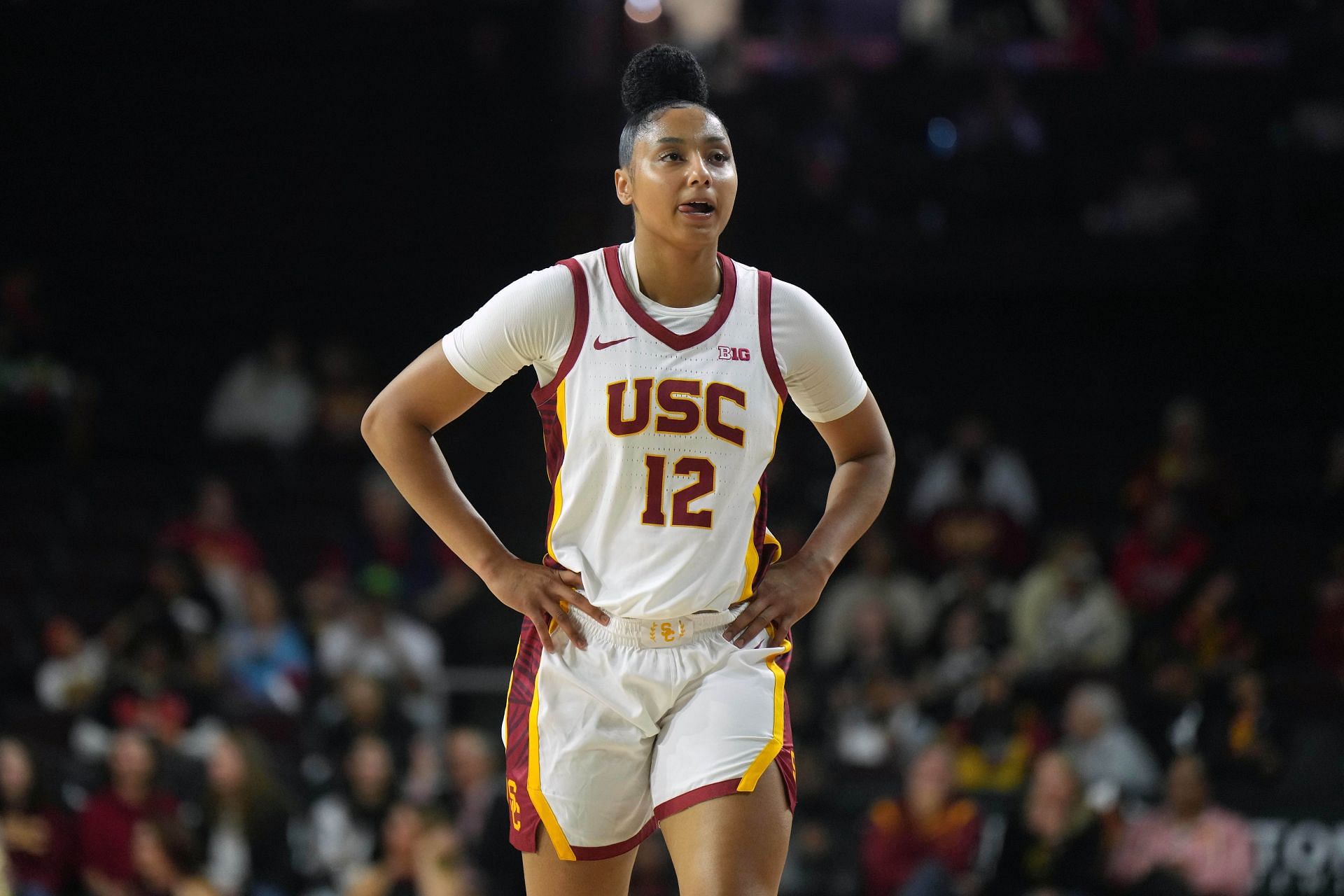 USC Trojans guard JuJu Watkins (12) reacts during an NCAA women&#039;s basketball game against Cal State Northridge on November 12, 2024 in Los Angeles, California. Photo: Getty