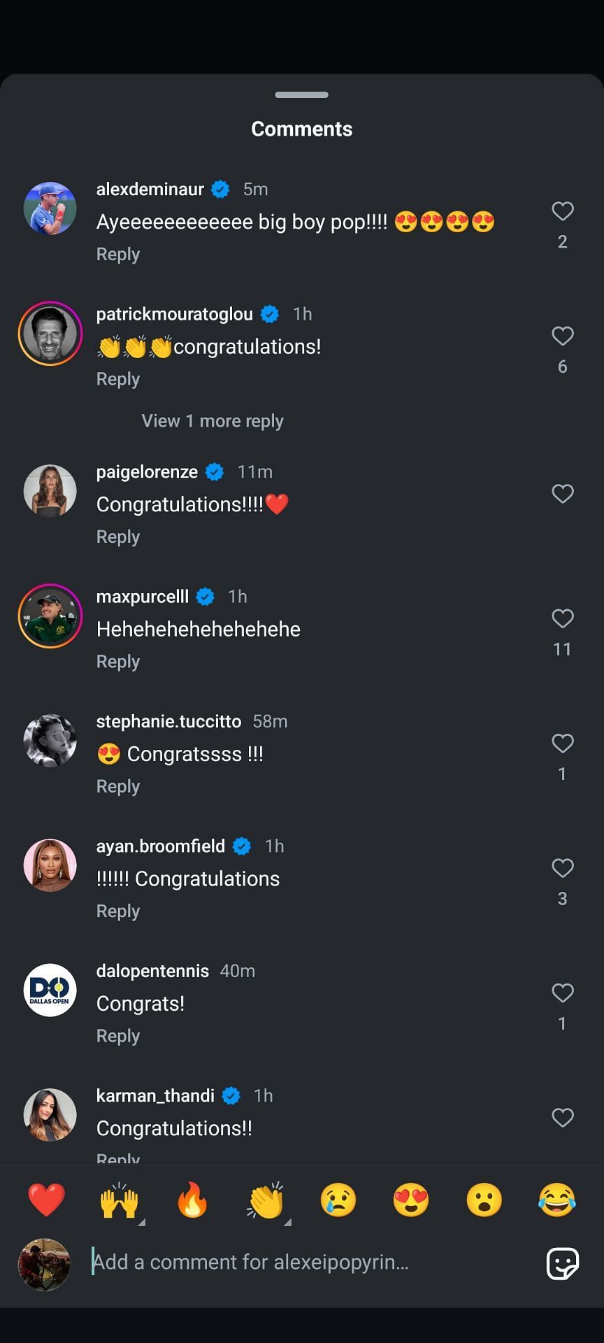 Comments on Alexei Popyrin&#039;s Instagram post. (Image: Instagram @alexeipopyrin)