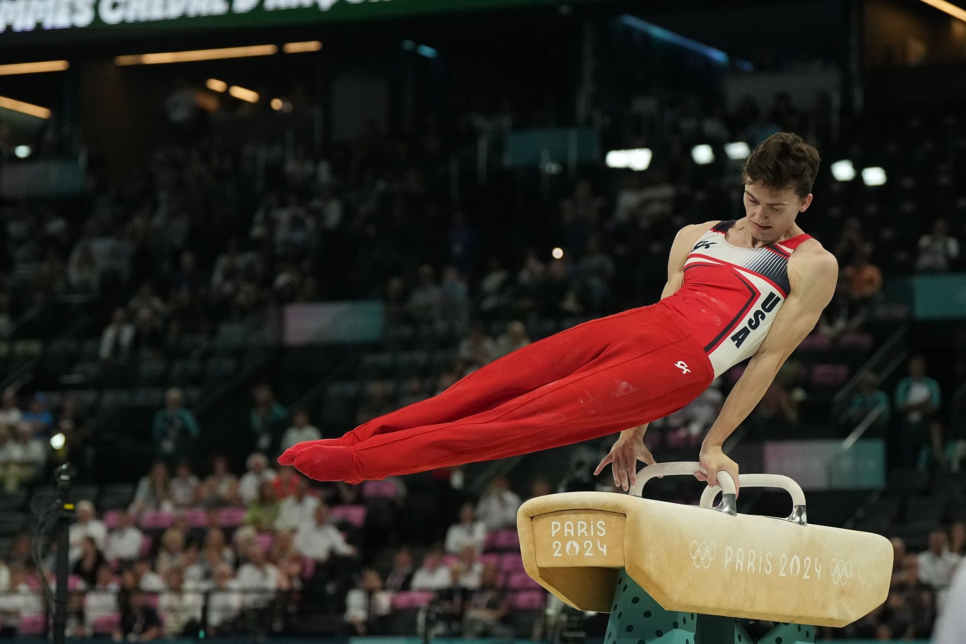 Stephen Nedoroscik performing at the Pommel Horse event at Paris Olympics 2024 [Image Source : Getty]