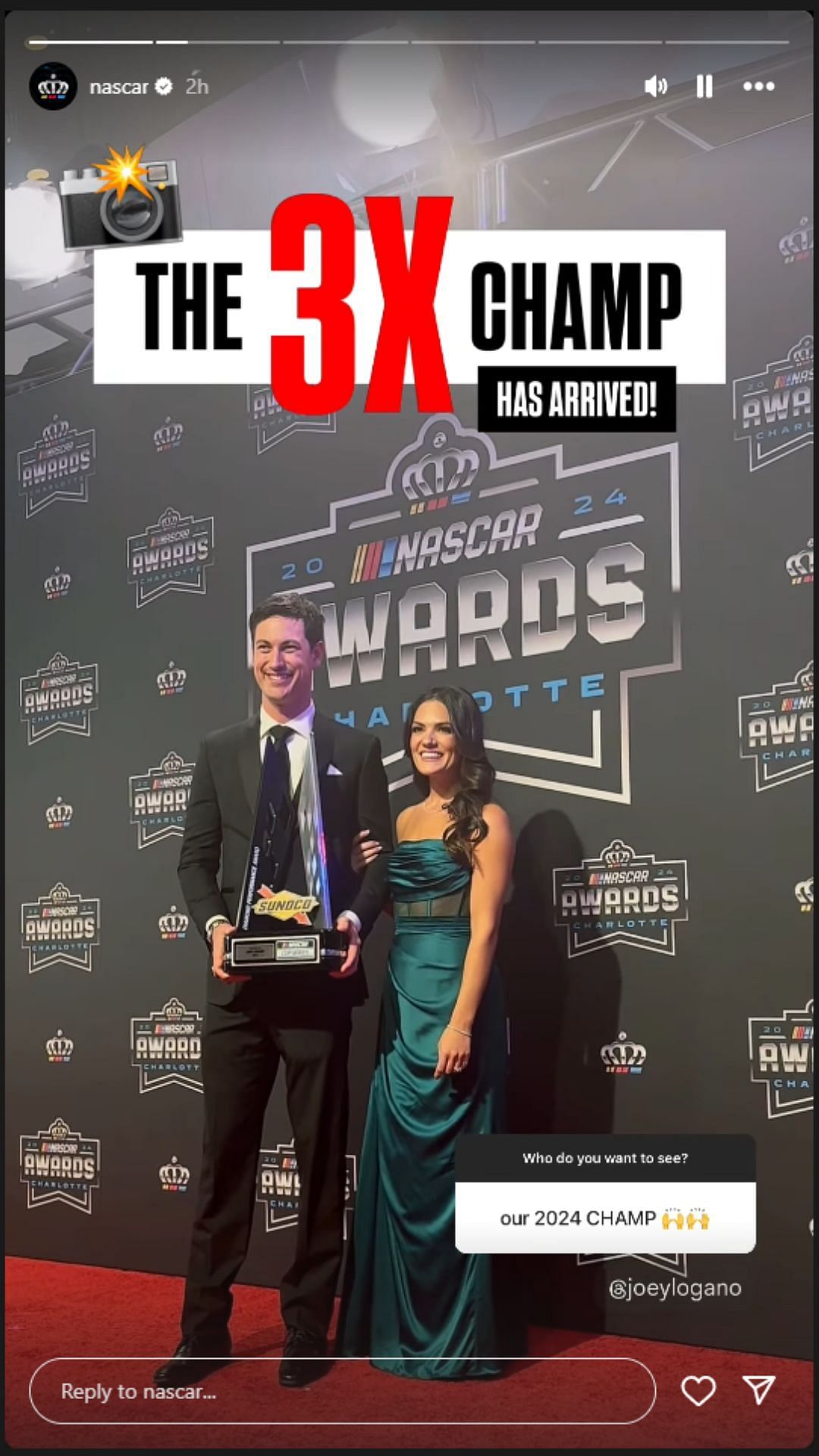 Joey Logano with his wife Brittany Baca at the 2024 NASCAR Awards Banquet - Source: @nascar on Instagram