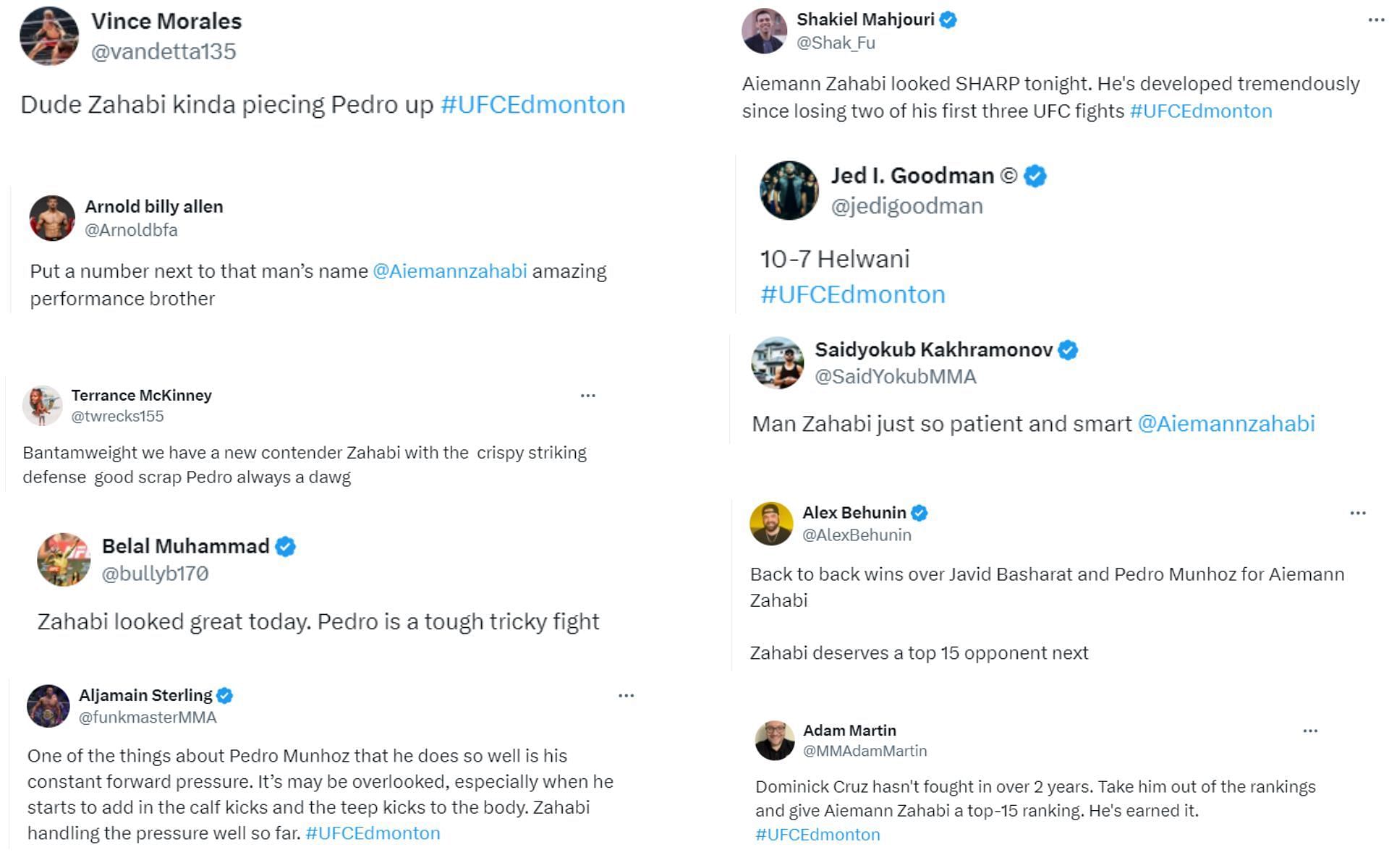 Screesnhots of MMA figures&#039; reaction to Aiemann Zahabi&#039;s win against Pedro Munhoz.