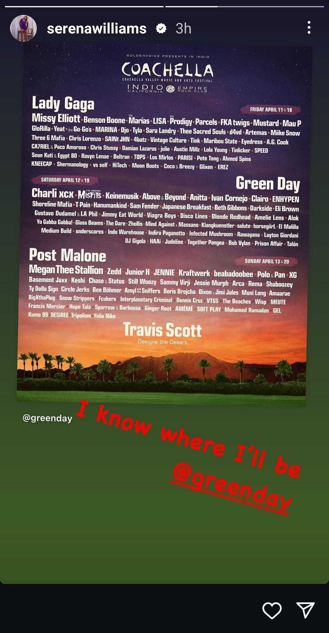 Serena Williams expressing her excitement to watch Green Day live at Coachella 2025 (Source: Instagram/Serena Williams)