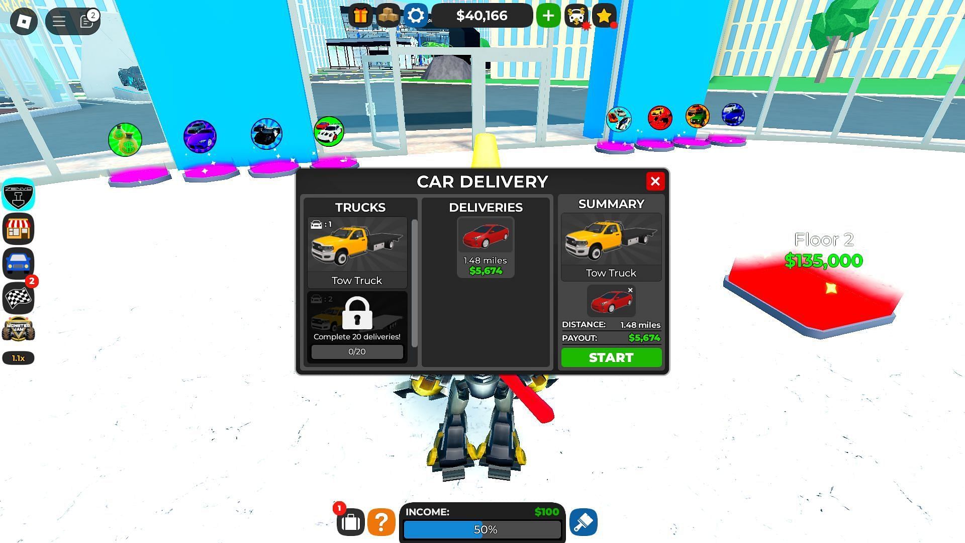 Deliver 10 cars to progress in the Zenvo Scavenger Hunt (Image via Roblox)