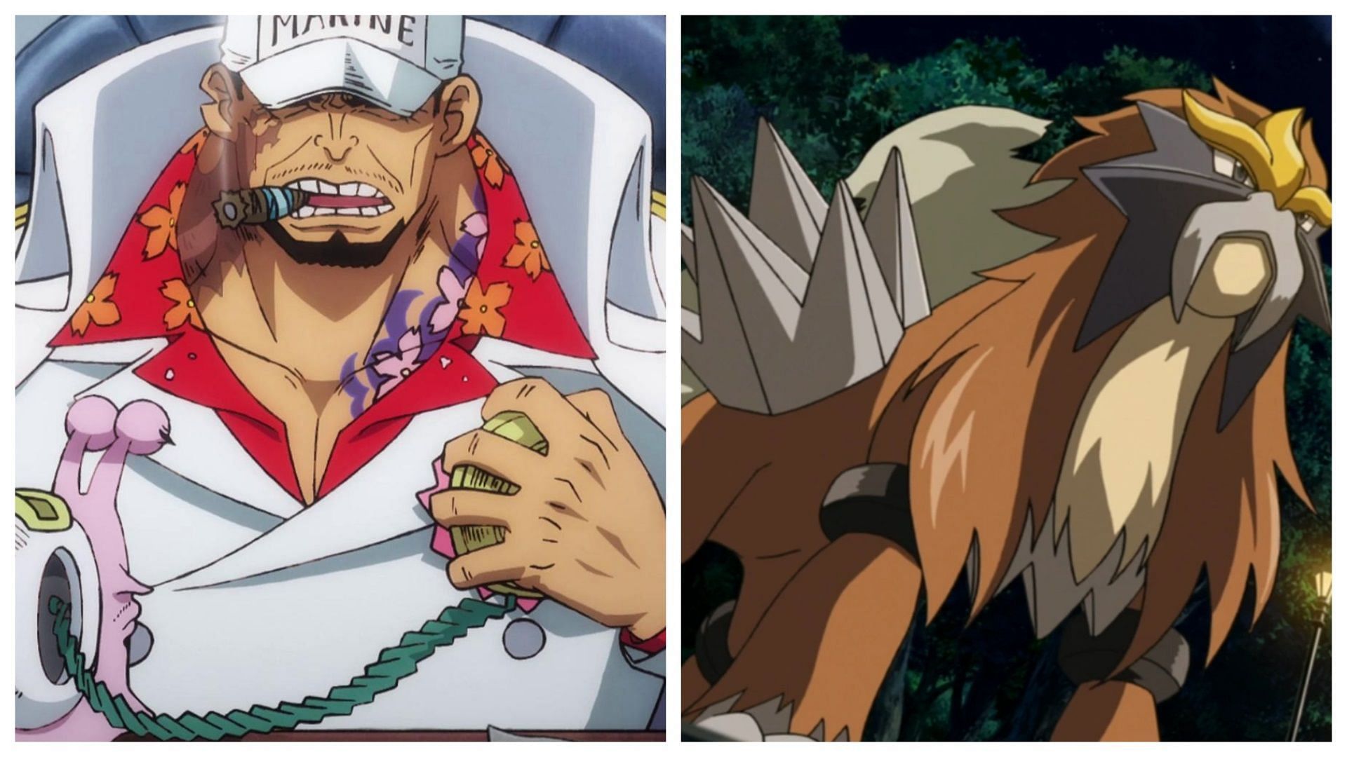 Akainu in One Piece and Entei in Pok&eacute;mon (Image via Toei Animation/The Pok&eacute;mon Company)