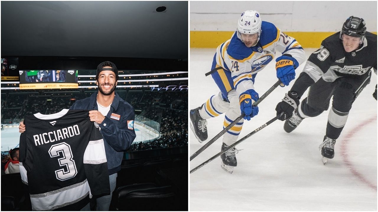 Daniel Ricciardo marks his presence during a LA Kings game (Images from @LAKings on X and Getty Images)