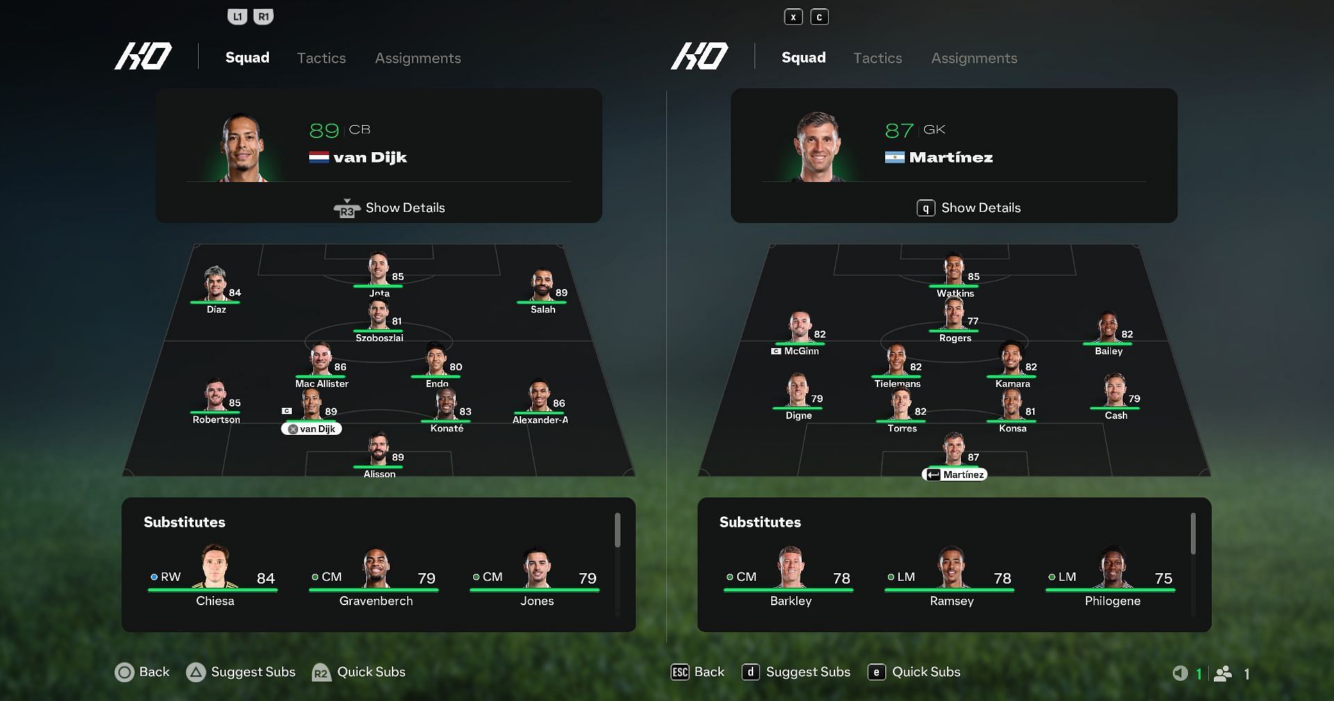 Liverpool vs Aston Villa: squad comparison (Image via EA Sports)