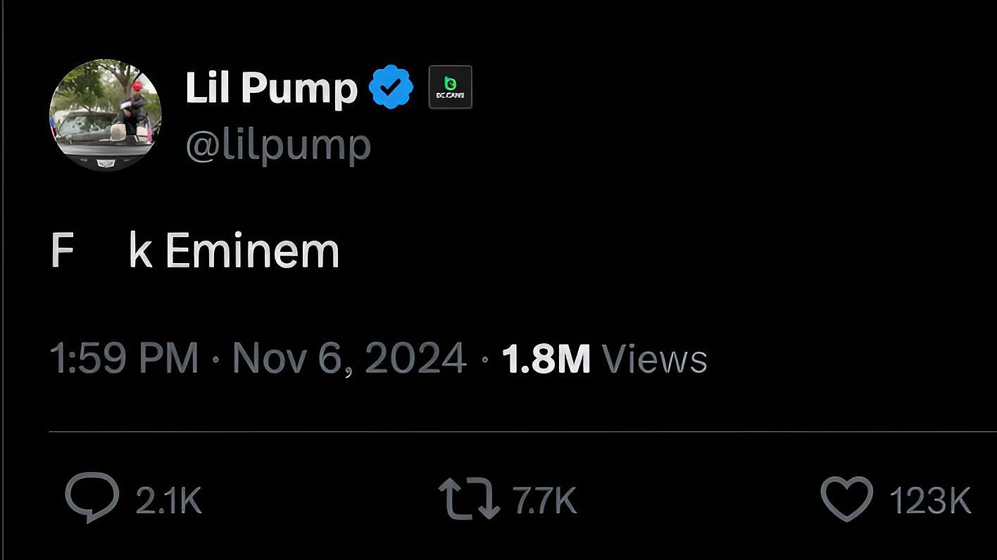 Pump&#039;s tweet dissing Marshall Mathers (Image via X/ @lilpump)