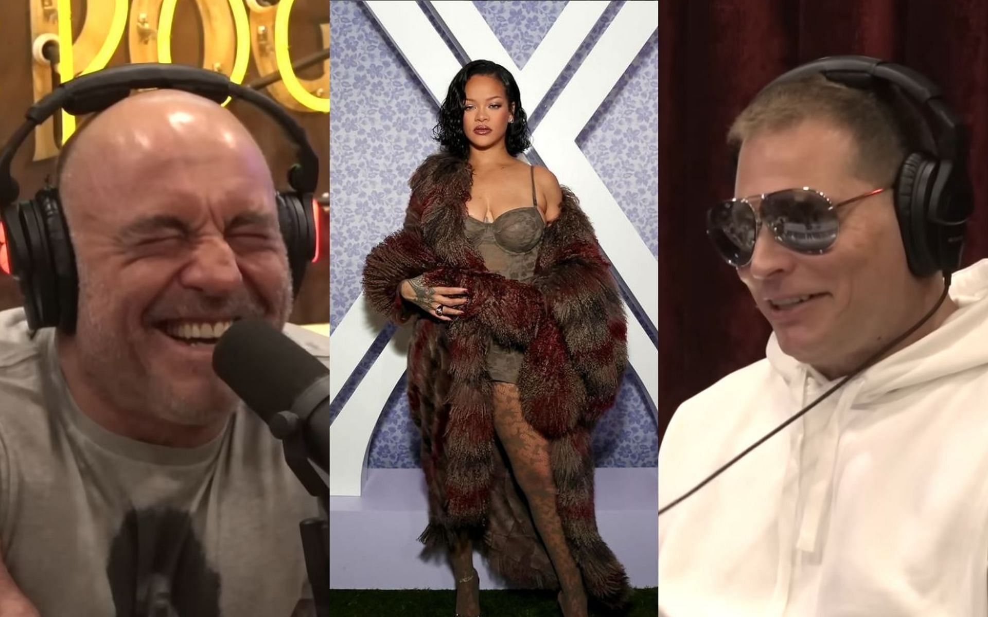 Scott Storch (right) tells Joe Rogan (left) a hilarious Rihanna (middle) story. [Image credit: Joe Rogan Experience on YouTube, @badgalriri on Instagram]