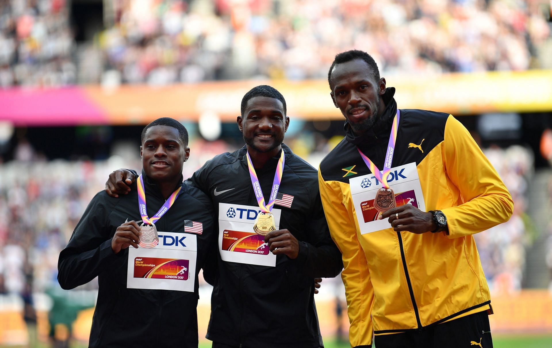 Justin Gatlin with Usain Bolt and Christian Coleman at the victory ceremony of the 100m finals at the World Athletics Championships [Image Source : Getty]