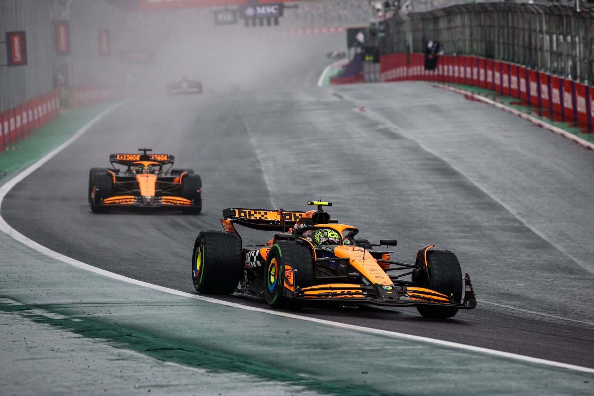 Lando Norris driving the MCL38, ahead of Oscar Piastri of the McLaren F1 Team. Source: Getty Images