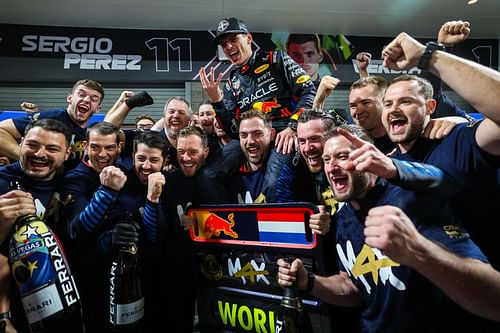 Max Verstappen of Oracle Red Bull Racing celebrates his fourth World Drivers' Championship with his crew at the Las Vegas Grand Prix (Photo by Kym Illman/Getty Images)