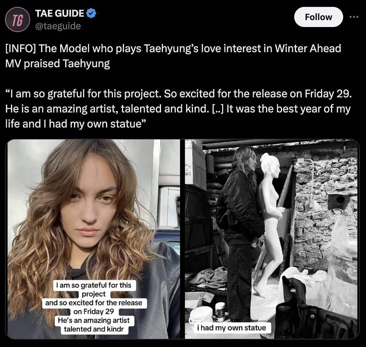 Model Aida commented about working with Taehyung. (Image via X / @taeguide)