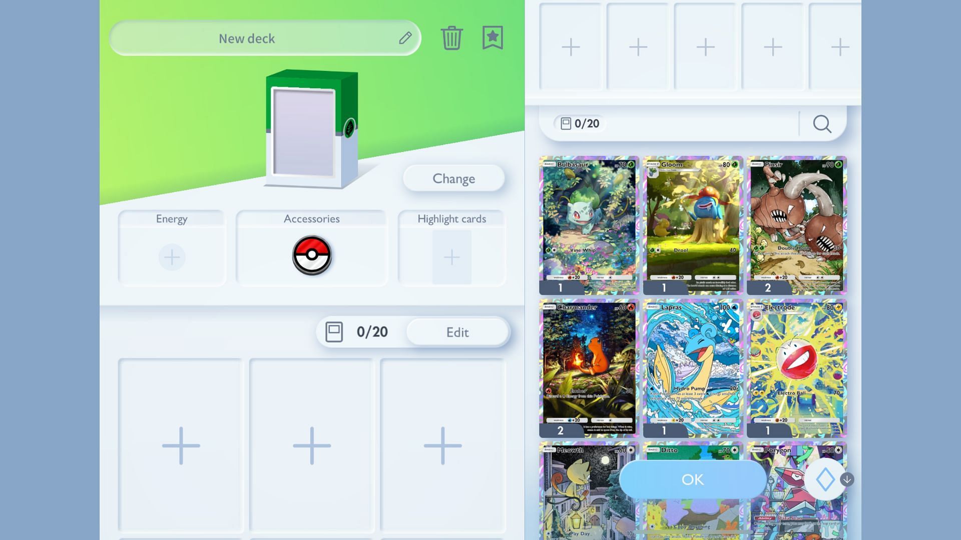 Deck selection and setup screens in the game (Image via The Pokemon Company)