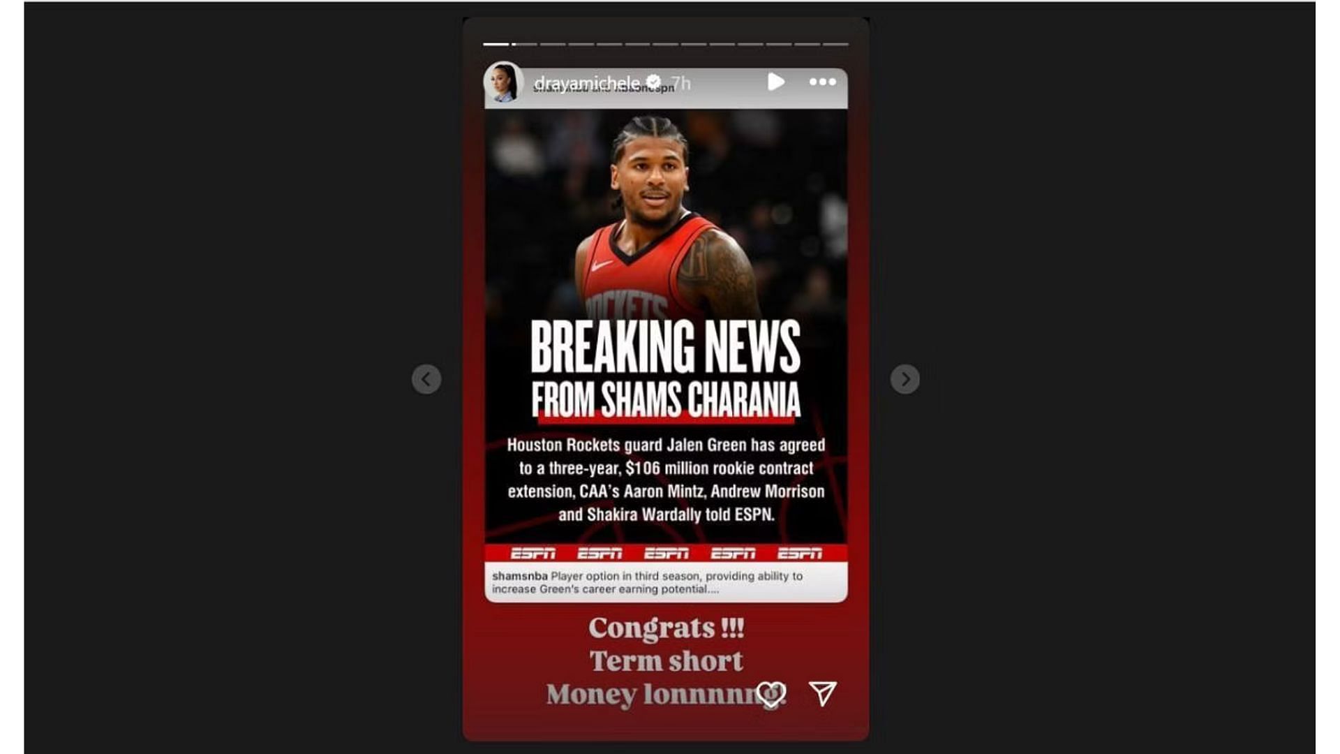 D. Michele shares message of support for Jalen Green on social media. Photo Credit: Draya Michele's IG account