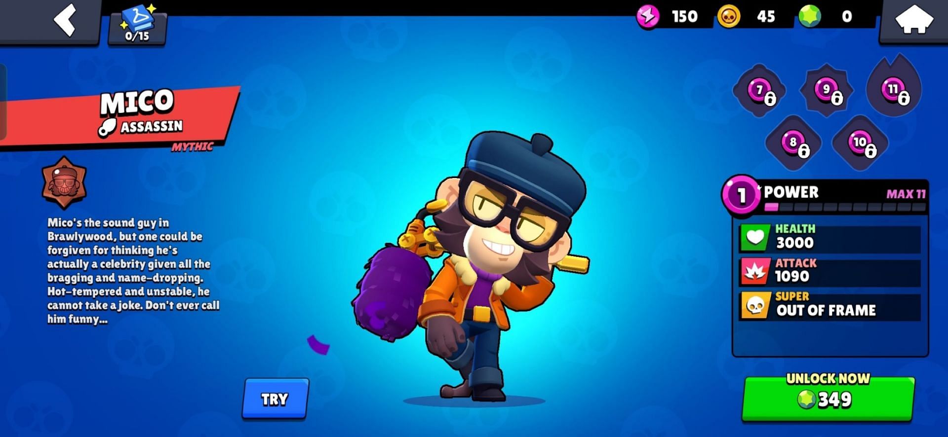 Mico is a fast mythic brawler that can brawl with a base health of 3000 at level one attack of 1090 (Image via Supercell)