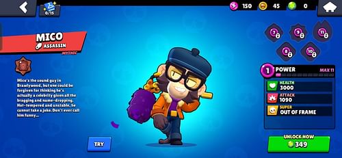 Mico is a fast mythic brawler that can brawl with a base health of 3000 at level one attack of 1090 (Image via Supercell)