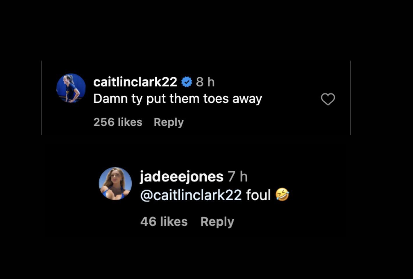 Caitlin Clark and Jade Jones&#039; exchange (via @jadeeejones on iG)