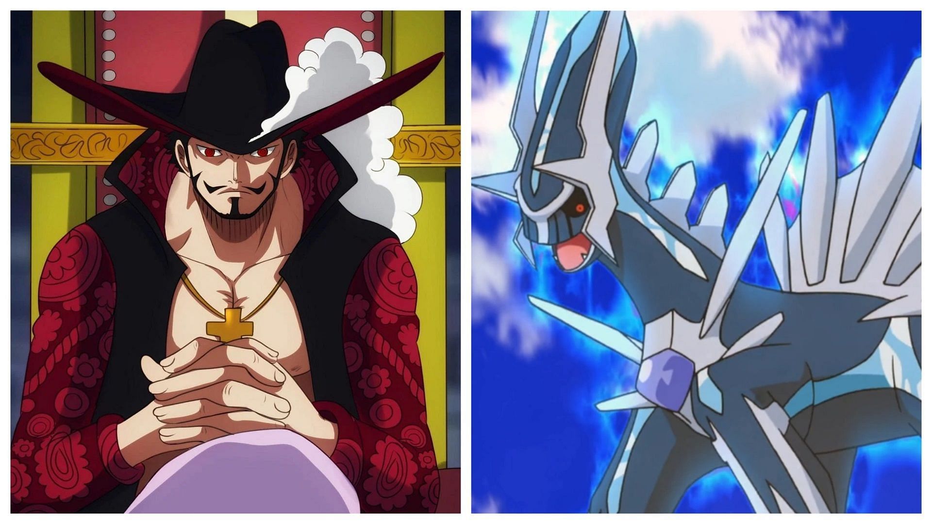 Mihawk in One Piece and Dialga in Pok&eacute;mon (Image via Toei Animation/The Pok&eacute;mon Company)