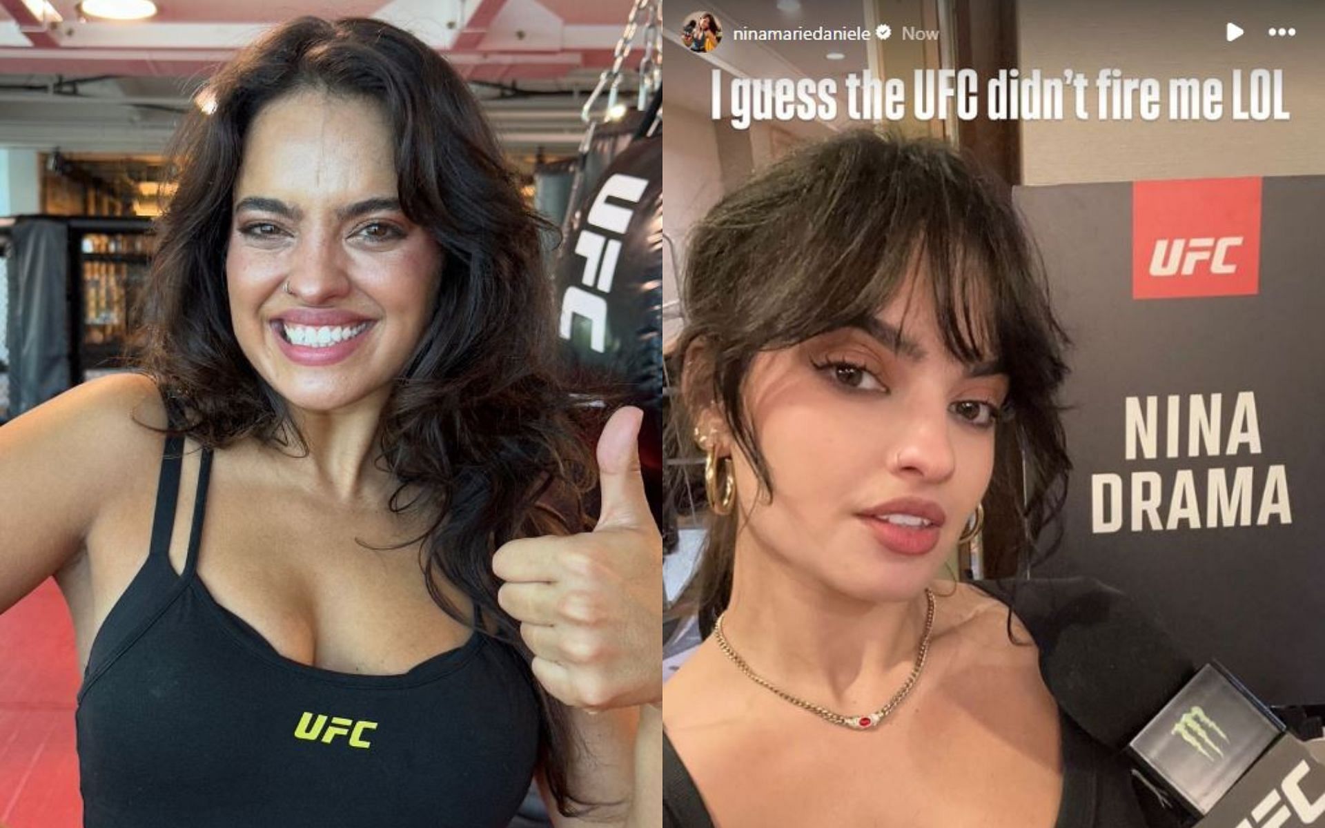 Nina-Marie Daniele (left) quashes rumors of her getting fired from the UFC in an Instagram story (right). [Image credit: @ninamariedaniele on Instagram]