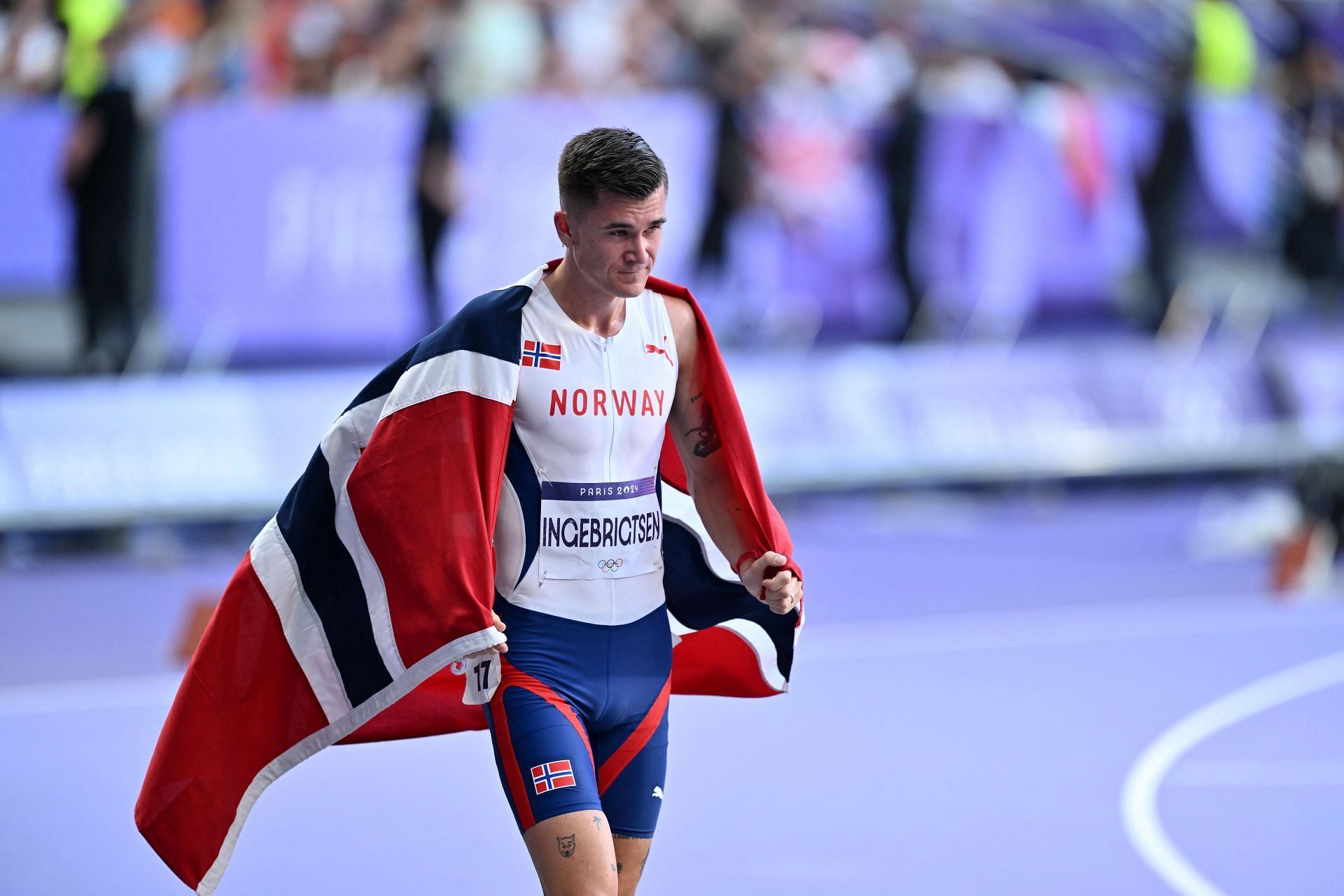 Ingebrigtsen after winning the 5000m event on the 15th day of the 2024 Summer Olympics (Image via Getty)